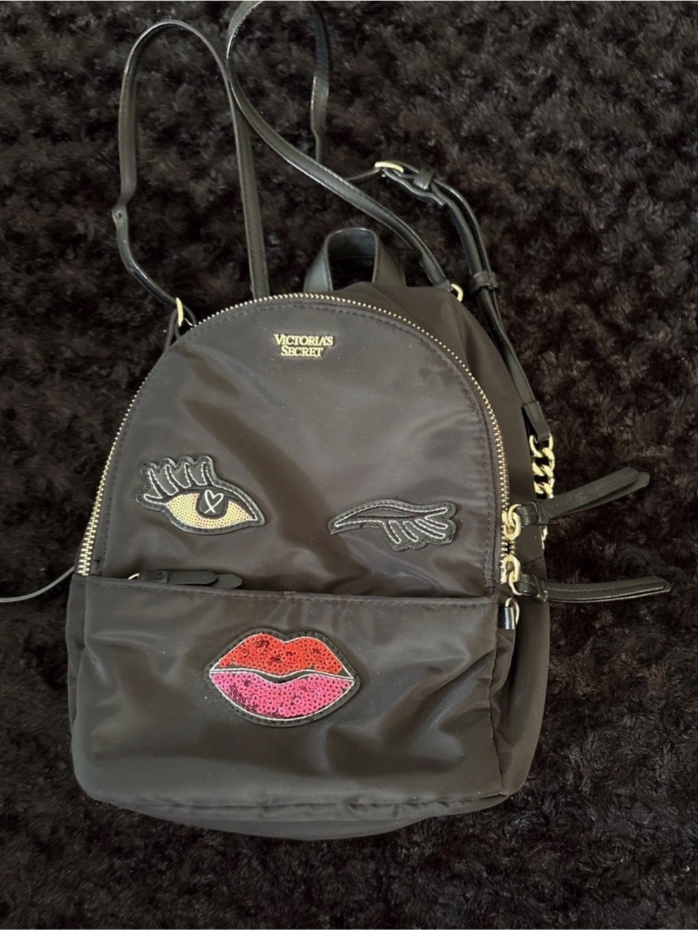 Victoria's Secret Black Mini Backpack with Lip & Eye Patch Accents